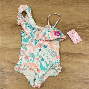 White and Pink One Piece Swimsuit with Ruffle Detail
